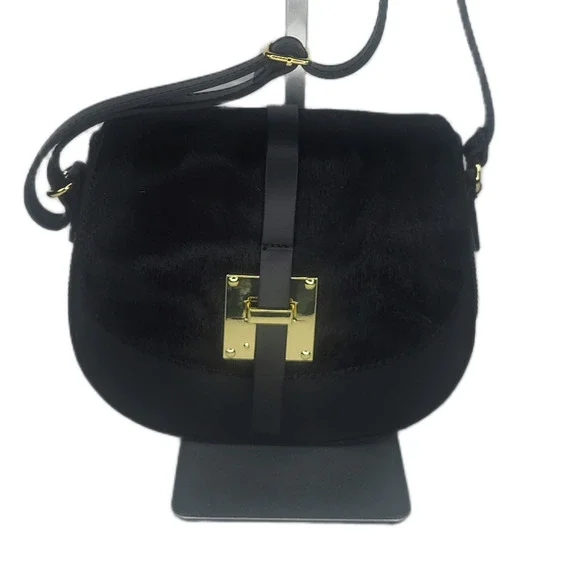 Charlie Leather Mack Black Leather & Black Fur Small Half Moon Crossbody Bag-NWT - Picture 3 of 12